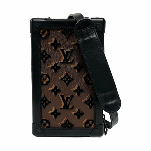 LOUIS VUITTON SOFT TRUNK棕色塗層帆布老花刺繡單肩包斜挎包銀色黑色五金可拆卸肩帶