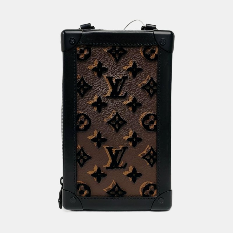 LOUIS VUITTON SOFT TRUNK棕色塗層帆布老花刺繡單肩包斜挎包銀色黑色五金可拆卸肩帶-4