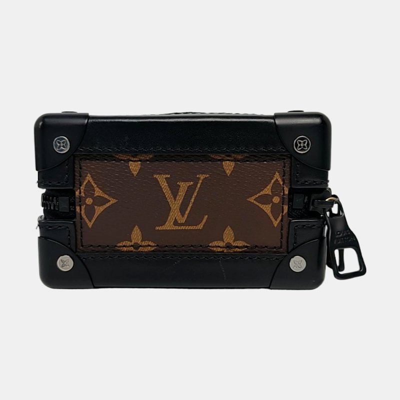 LOUIS VUITTON SOFT TRUNK棕色塗層帆布老花刺繡單肩包斜挎包銀色黑色五金可拆卸肩帶-5