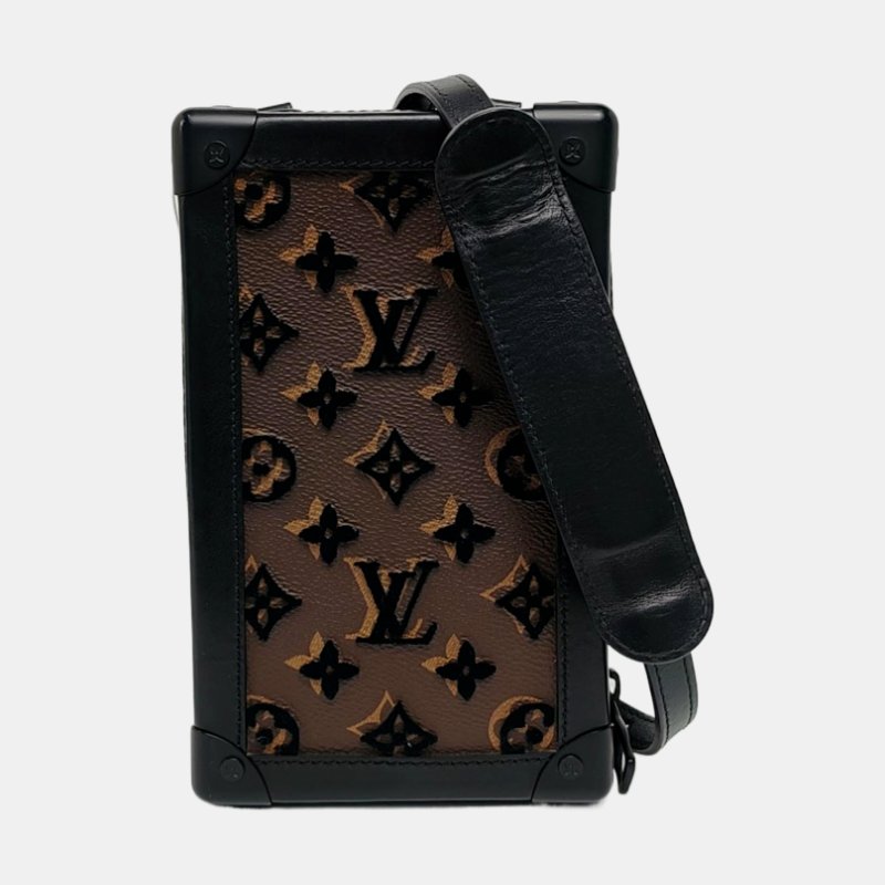 LOUIS VUITTON SOFT TRUNK棕色塗層帆布老花刺繡單肩包斜挎包銀色黑色五金可拆卸肩帶-7