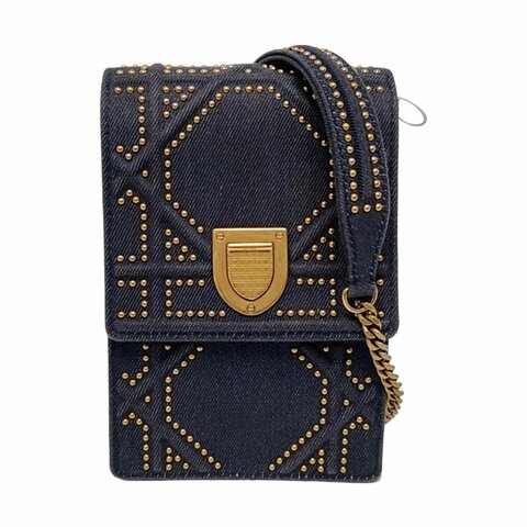 DIOR Diorama深藍色牛仔布藤格紋鉚釘盾牌包單肩包斜挎包金色五金可拆卸肩帶