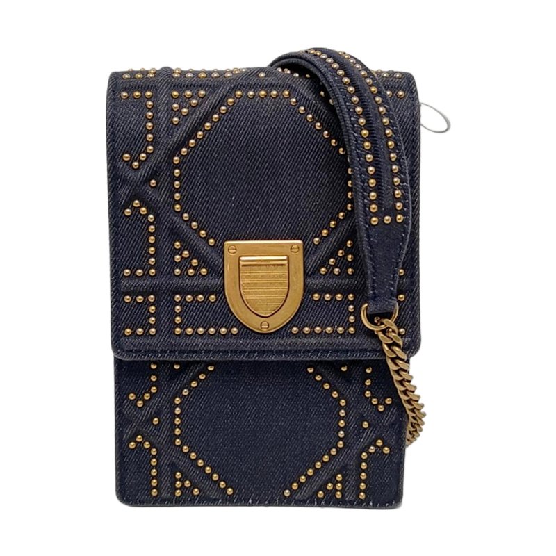 DIOR Diorama深藍色牛仔布藤格紋鉚釘盾牌包單肩包斜挎包金色五金可拆卸肩帶-0
