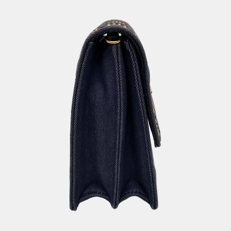 DIOR Diorama深藍色牛仔布藤格紋鉚釘盾牌包單肩包斜挎包金色五金可拆卸肩帶-3