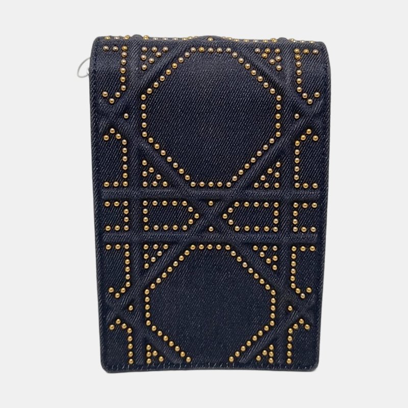 DIOR Diorama深藍色牛仔布藤格紋鉚釘盾牌包單肩包斜挎包金色五金可拆卸肩帶-4