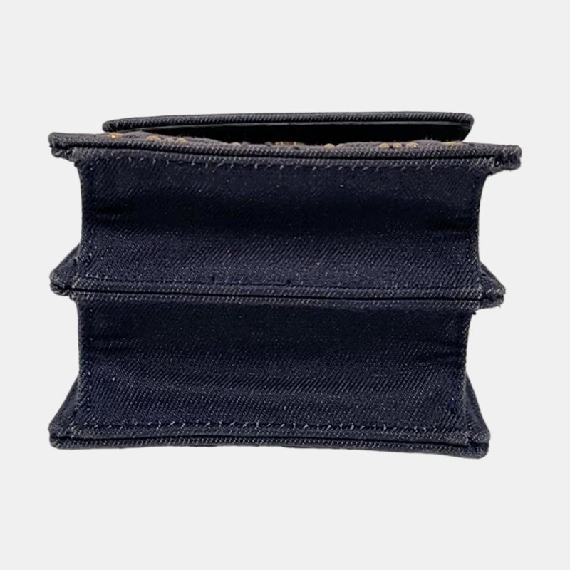 DIOR Diorama深藍色牛仔布藤格紋鉚釘盾牌包單肩包斜挎包金色五金可拆卸肩帶-5