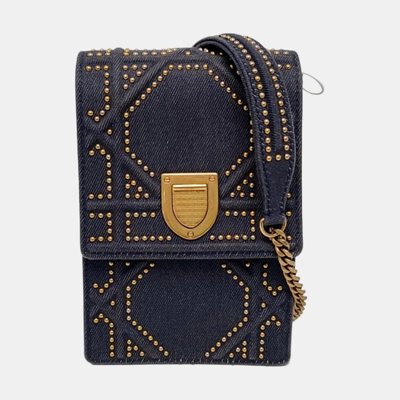 DIOR Diorama深藍色牛仔布藤格紋鉚釘盾牌包單肩包斜挎包金色五金可拆卸肩帶-7