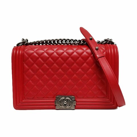 CHANEL BOY CHANEL大號紅色牛皮菱格紋絎縫單肩包斜挎包釘色五金20開可拆卸肩帶