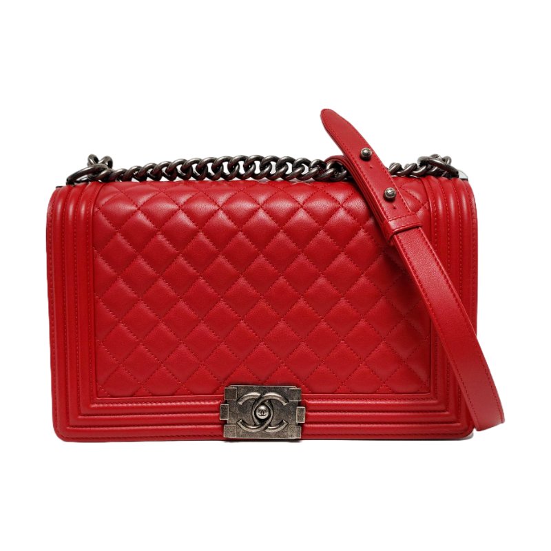 CHANEL BOY CHANEL大號紅色牛皮菱格紋絎縫單肩包斜挎包釘色五金20開可拆卸肩帶-0