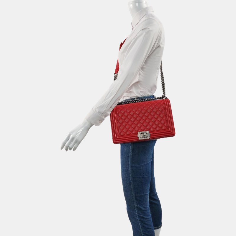 CHANEL BOY CHANEL大號紅色牛皮菱格紋絎縫單肩包斜挎包釘色五金20開可拆卸肩帶-1