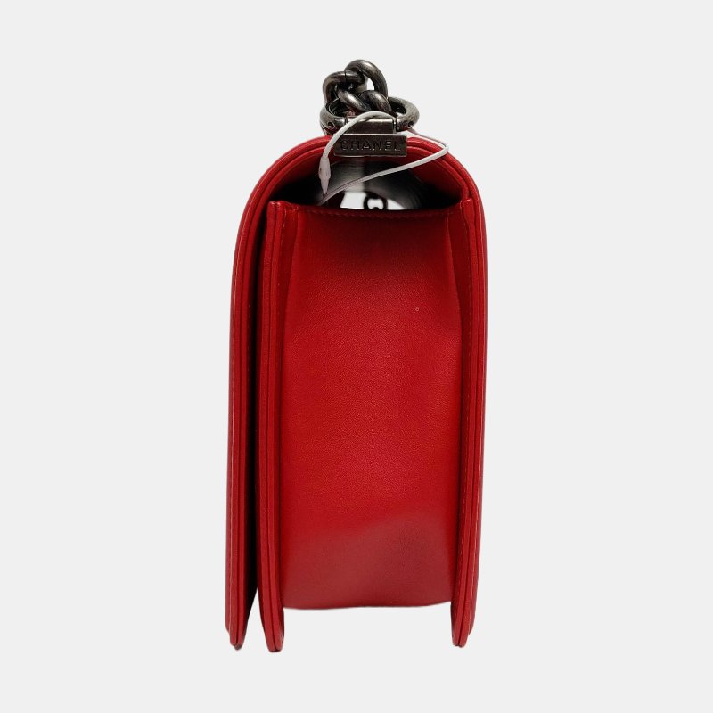 CHANEL BOY CHANEL大號紅色牛皮菱格紋絎縫單肩包斜挎包釘色五金20開可拆卸肩帶-2