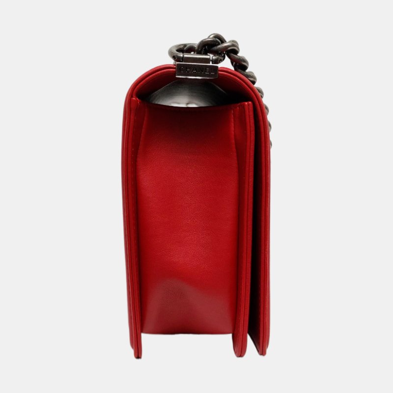 CHANEL BOY CHANEL大號紅色牛皮菱格紋絎縫單肩包斜挎包釘色五金20開可拆卸肩帶-3