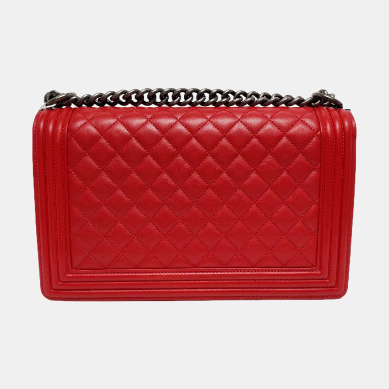 CHANEL BOY CHANEL大號紅色牛皮菱格紋絎縫單肩包斜挎包釘色五金20開可拆卸肩帶-4