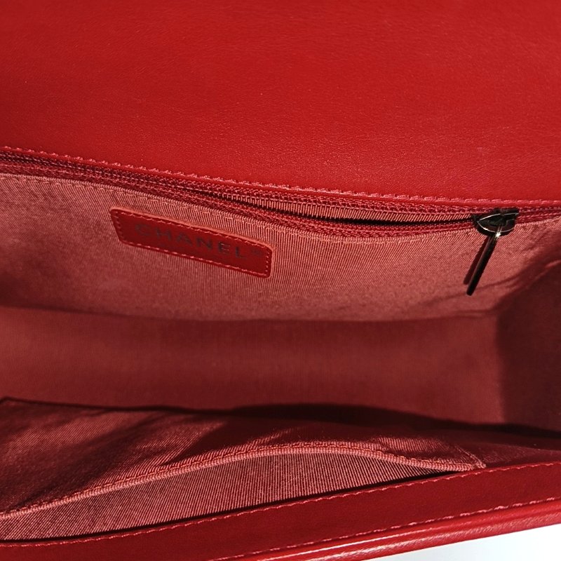 CHANEL BOY CHANEL大號紅色牛皮菱格紋絎縫單肩包斜挎包釘色五金20開可拆卸肩帶-6