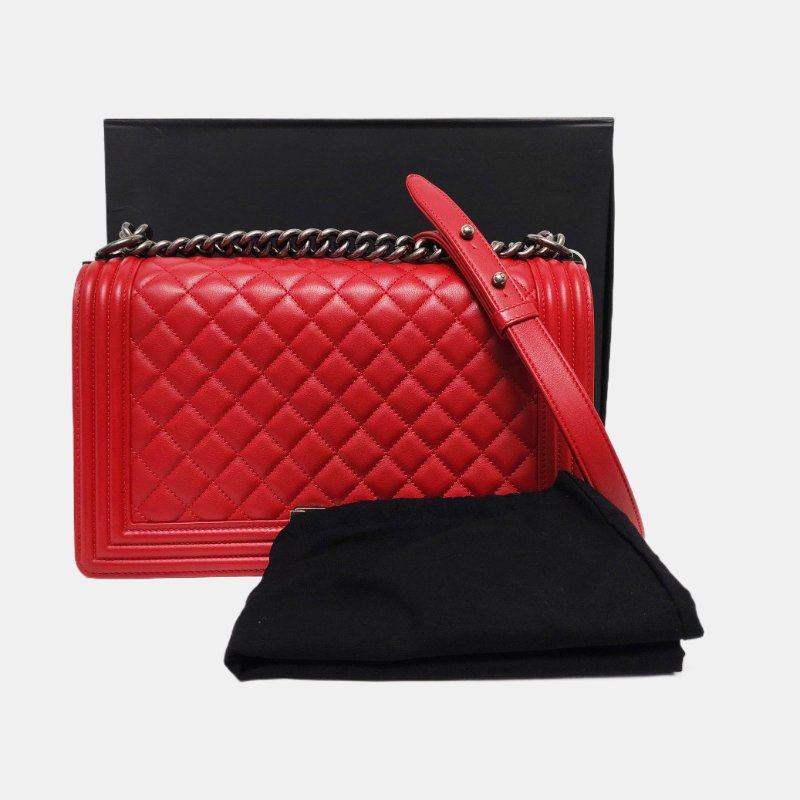 CHANEL BOY CHANEL大號紅色牛皮菱格紋絎縫單肩包斜挎包釘色五金20開可拆卸肩帶-7