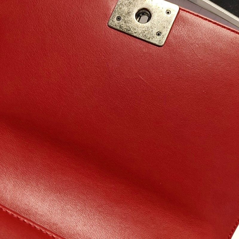 CHANEL BOY CHANEL大號紅色牛皮菱格紋絎縫單肩包斜挎包釘色五金20開可拆卸肩帶-9