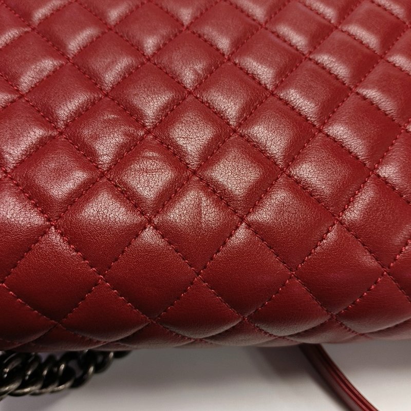 CHANEL BOY CHANEL大號紅色牛皮菱格紋絎縫單肩包斜挎包釘色五金20開可拆卸肩帶-11