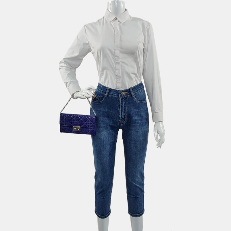 DIOR Miss Dior藍紫色漆皮藤格紋絎縫手提包銀色五金可拆卸肩帶-1