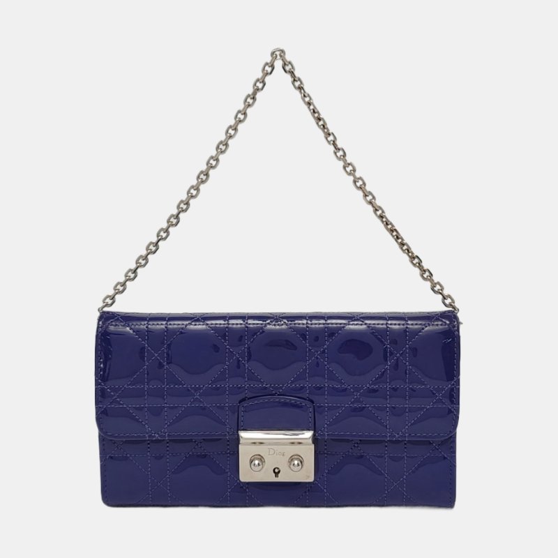 DIOR Miss Dior藍紫色漆皮藤格紋絎縫手提包銀色五金可拆卸肩帶-7