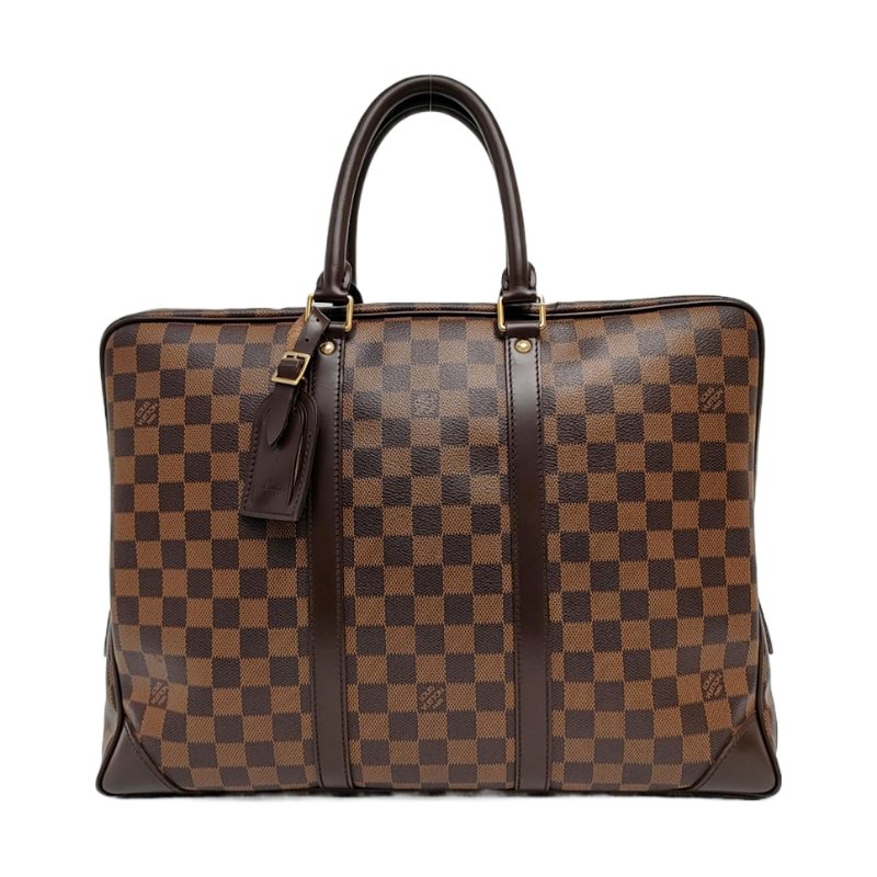 LOUIS VUITTON PORTE-DOCUMENTS棕色塗層帆布棋盤格手提包金色五金-0
