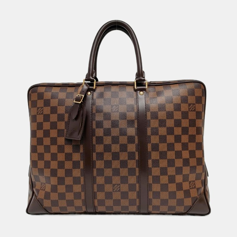 LOUIS VUITTON PORTE-DOCUMENTS棕色塗層帆布棋盤格手提包金色五金-7