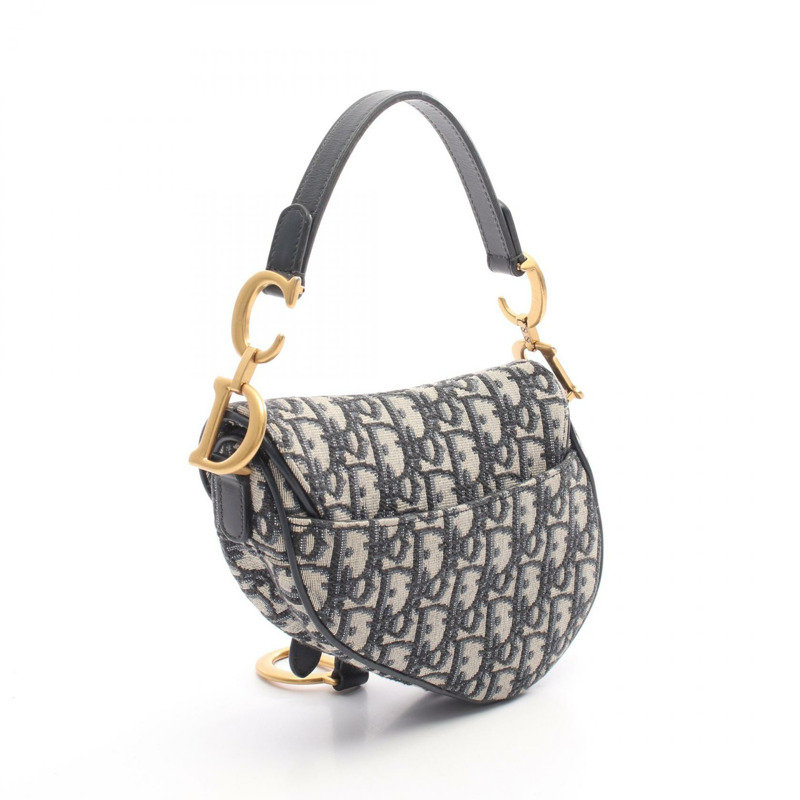 Christian Dior 迷你馬鞍包 Oblique 提花手提包 帆布皮革 海軍藍 二手-1