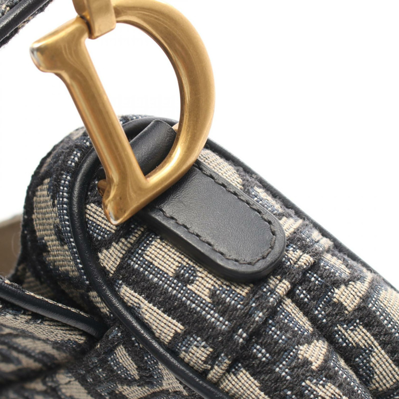 Christian Dior 迷你馬鞍包 Oblique 提花手提包 帆布皮革 海軍藍 二手-6