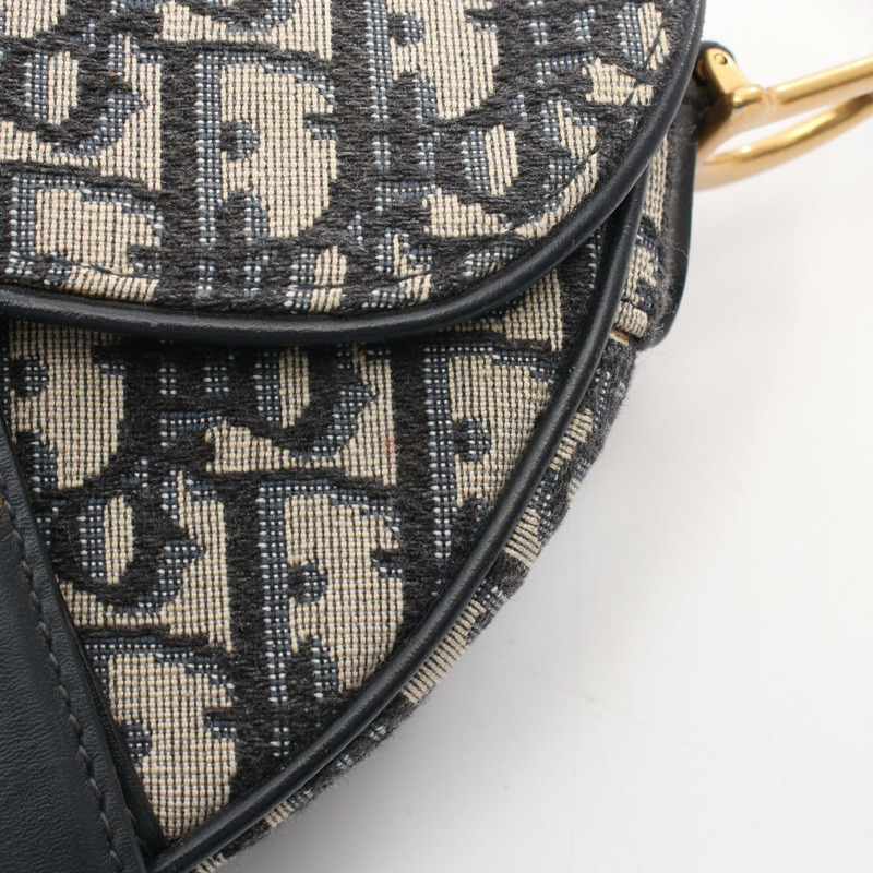 Christian Dior 迷你馬鞍包 Oblique 提花手提包 帆布皮革 海軍藍 二手-7