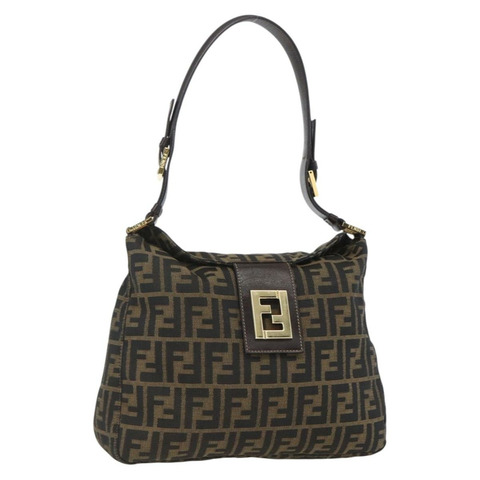 FENDI Zucca帆布肩背包 黑色棕色 正品 163887SAV