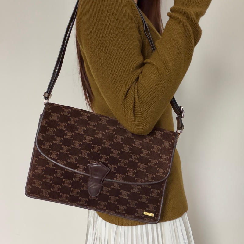 Celine 凱皮凱旋門手拿包 腋下包 斜背包 棕色老花真皮-1