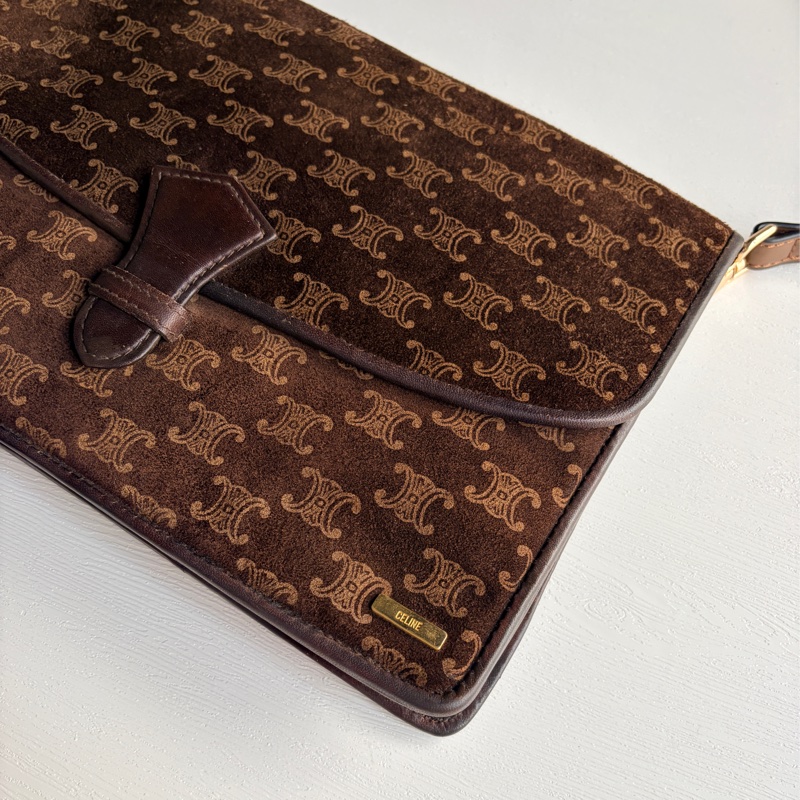 Celine 凱皮凱旋門手拿包 腋下包 斜背包 棕色老花真皮-6