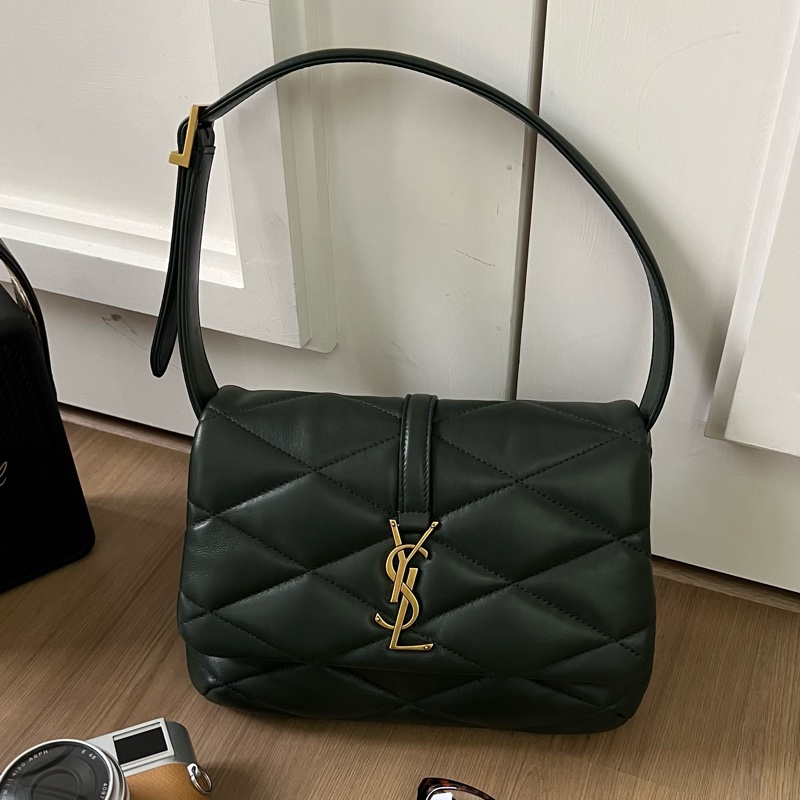 YSL 698567 LE 57墨綠絎縫小羊皮金釦肩背包-7