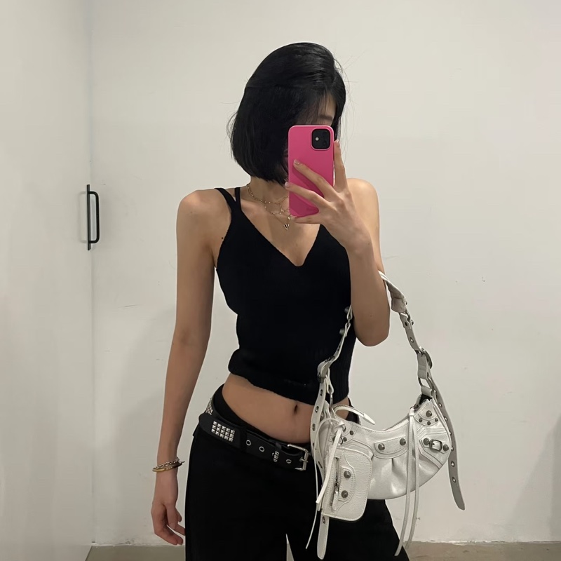 【辣妹必備😍經典Y2K】Balenciaga巴黎世家白色Le Cagole Xs細紋羊皮革 餃子包|機車包|半月包|月牙包|單肩包|斜挎包-0