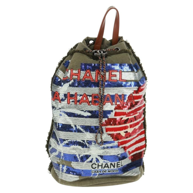 【日本直送】香奈兒 Cruise Line 雙肩包 帆布亮片 卡其色 銀色 CC 標誌 BA9220AM-12