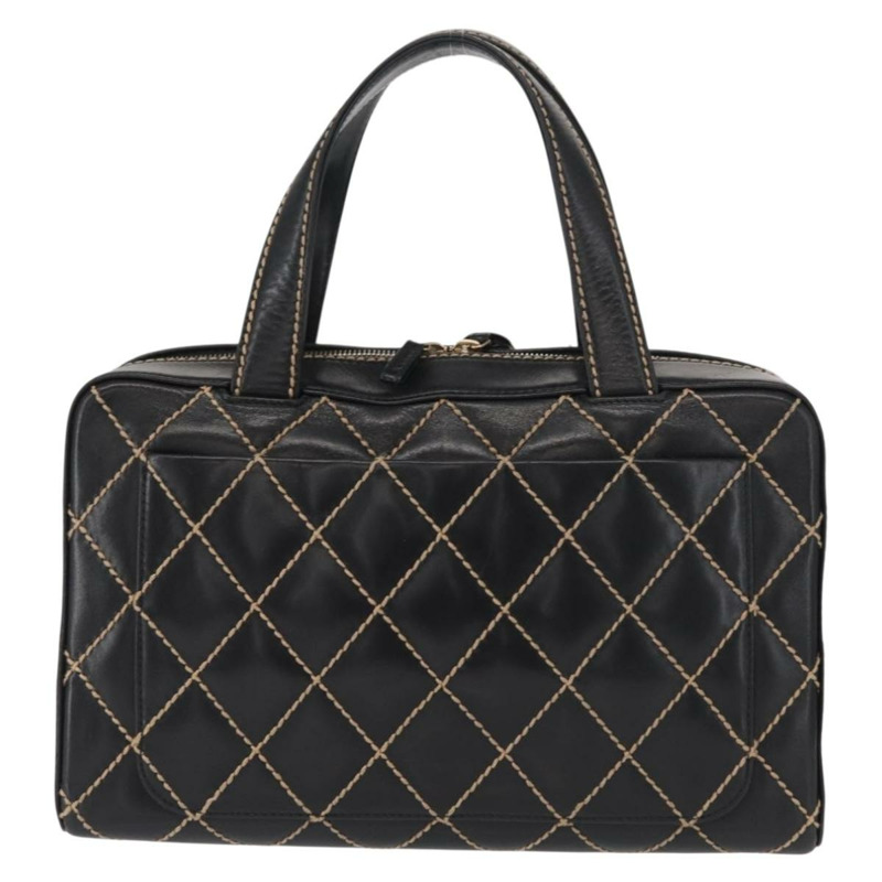 【日本直送】香奈兒 (CHANEL) 野性縫線手提包,黑色皮革,金色雙C標誌,正品 BA9589-1