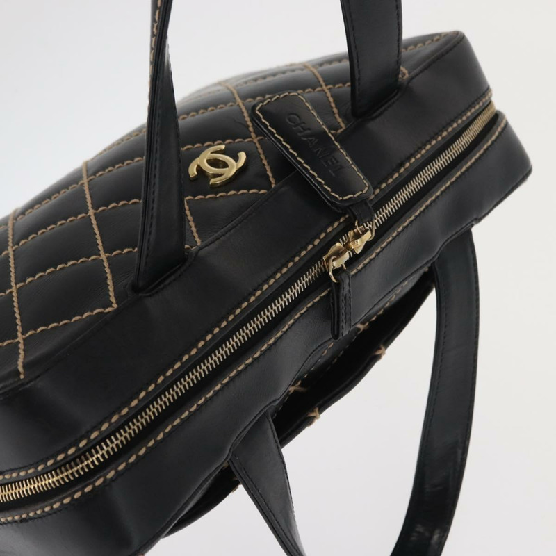 【日本直送】香奈兒 (CHANEL) 野性縫線手提包,黑色皮革,金色雙C標誌,正品 BA9589-5