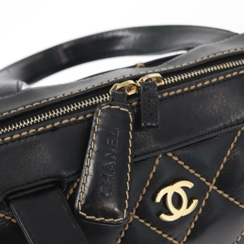 【日本直送】香奈兒 (CHANEL) 野性縫線手提包,黑色皮革,金色雙C標誌,正品 BA9589-8