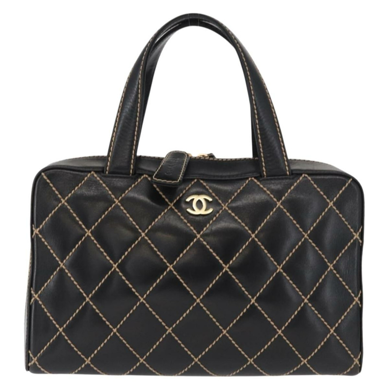 【日本直送】香奈兒 (CHANEL) 野性縫線手提包,黑色皮革,金色雙C標誌,正品 BA9589-12
