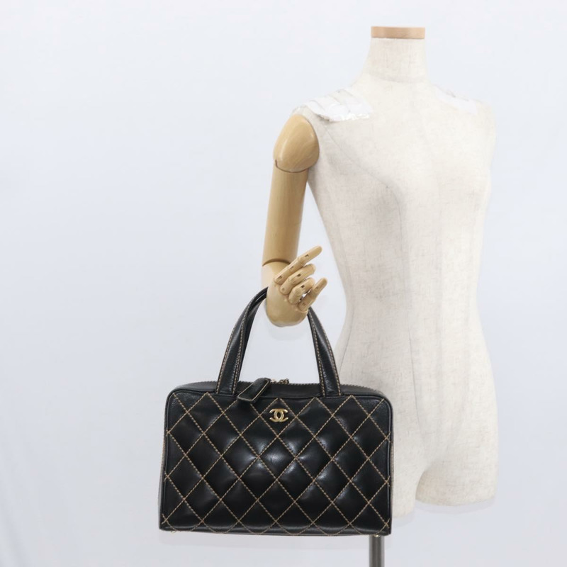 【日本直送】香奈兒 (CHANEL) 野性縫線手提包,黑色皮革,金色雙C標誌,正品 BA9589-28