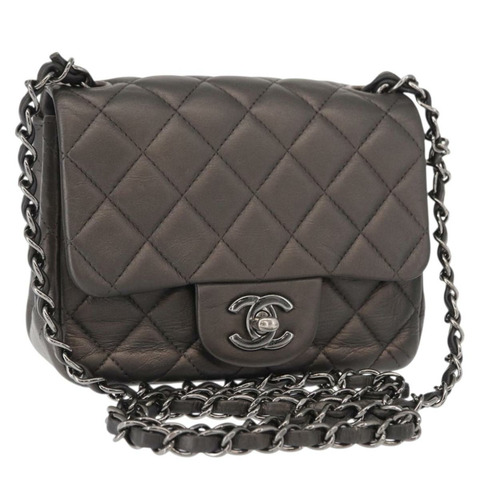 香奈兒 (CHANEL) 鏈條迷你絎縫 16 肩背包 羊皮 灰色 銀色 CC Auth163230V