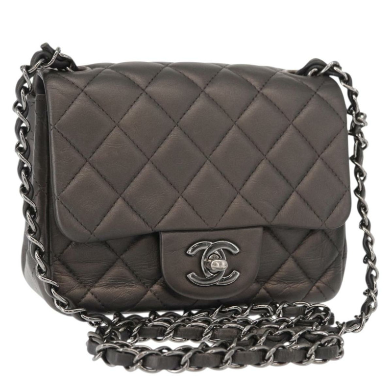 【日本直送】香奈兒 (CHANEL) 鏈條迷你絎縫 16 肩背包 羊皮 灰色 銀色 CC Auth163230V-0