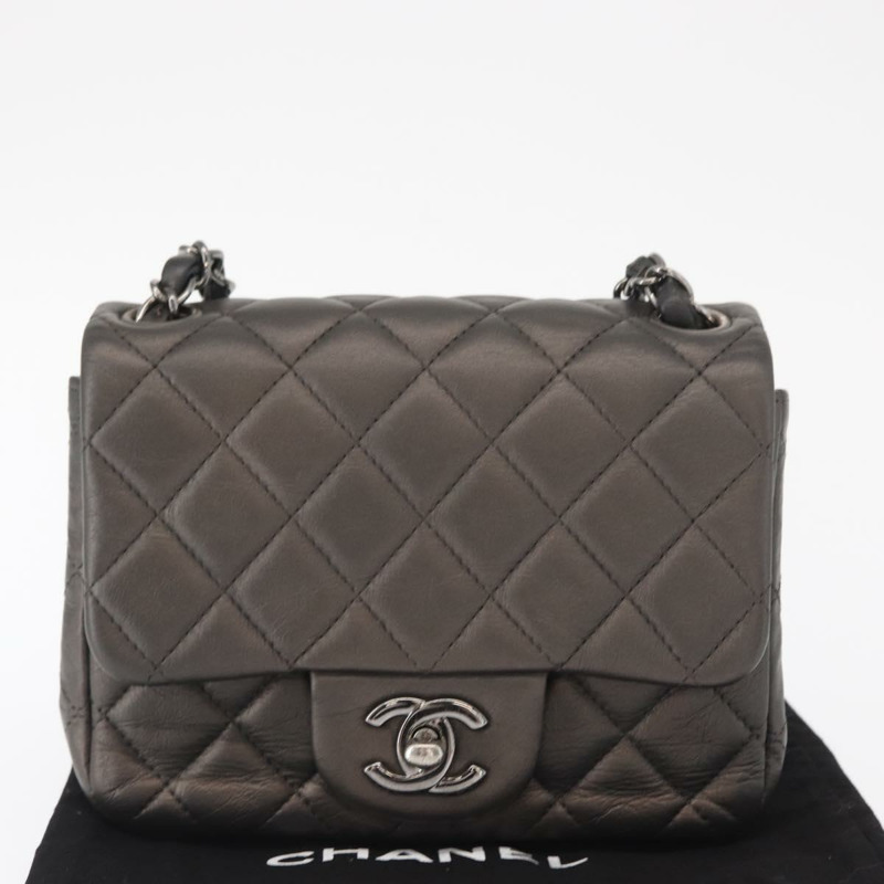 【日本直送】香奈兒 (CHANEL) 鏈條迷你絎縫 16 肩背包 羊皮 灰色 銀色 CC Auth163230V-11
