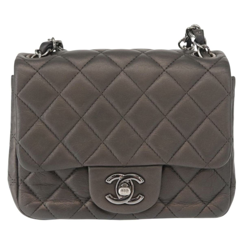 【日本直送】香奈兒 (CHANEL) 鏈條迷你絎縫 16 肩背包 羊皮 灰色 銀色 CC Auth163230V-12