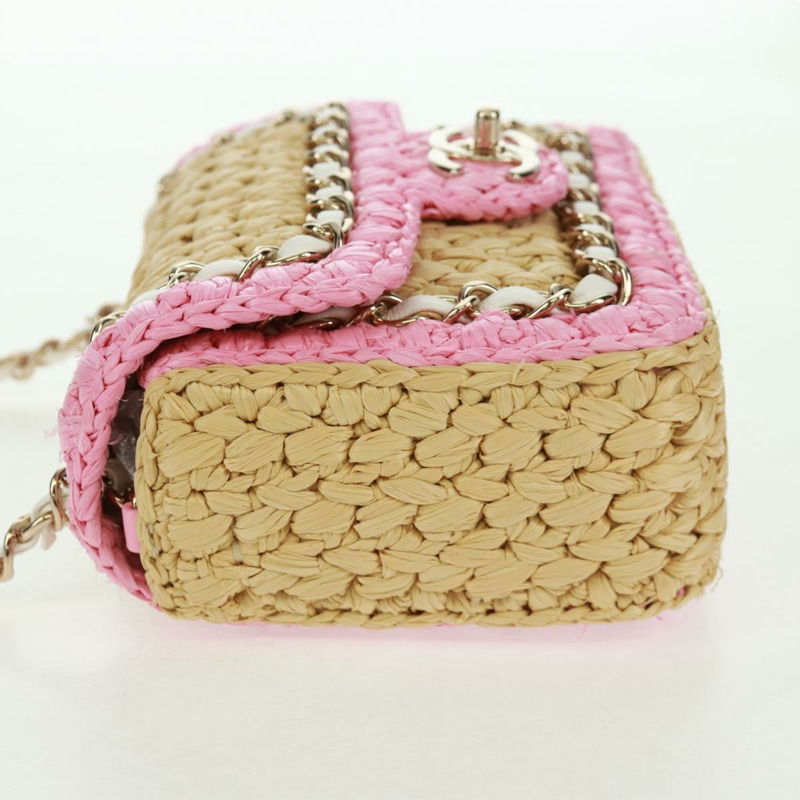 【日本直送】香奈兒 (CHANEL) 絎縫鏈條肩背包,皮革拉菲草粉色銀色雙C標誌,正品編號 159915SAM-2