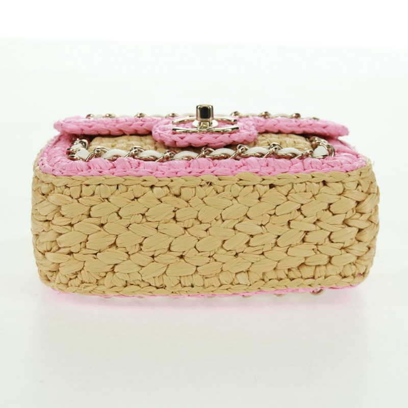 【日本直送】香奈兒 (CHANEL) 絎縫鏈條肩背包,皮革拉菲草粉色銀色雙C標誌,正品編號 159915SAM-4