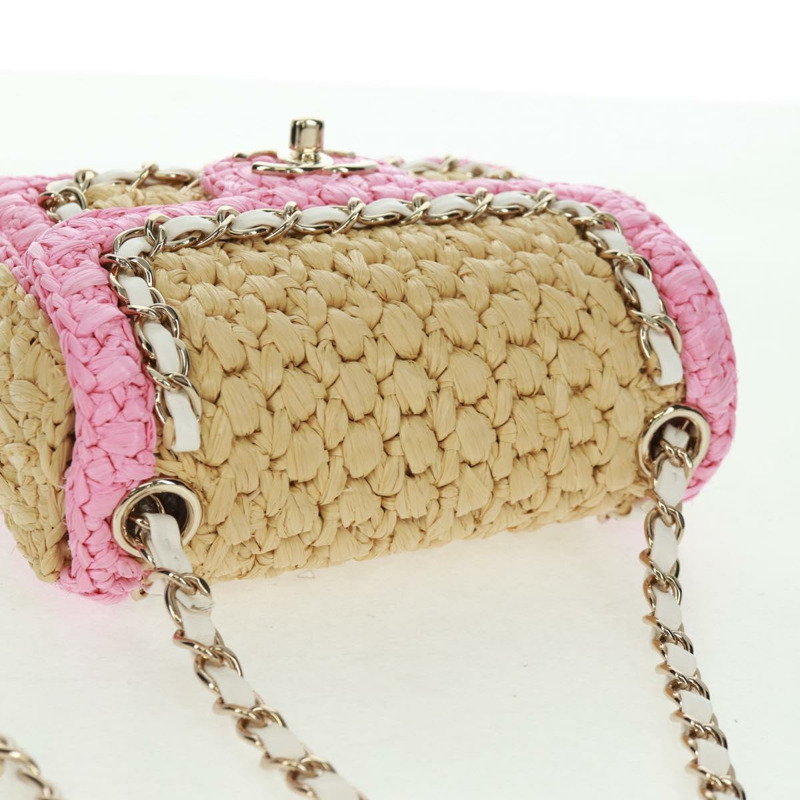 【日本直送】香奈兒 (CHANEL) 絎縫鏈條肩背包,皮革拉菲草粉色銀色雙C標誌,正品編號 159915SAM-5