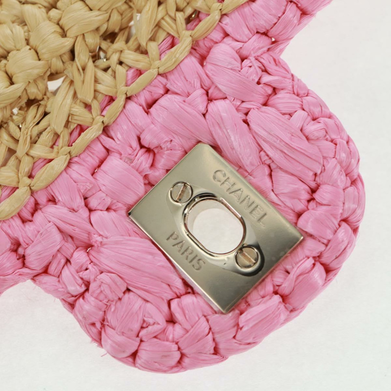 【日本直送】香奈兒 (CHANEL) 絎縫鏈條肩背包,皮革拉菲草粉色銀色雙C標誌,正品編號 159915SAM-8