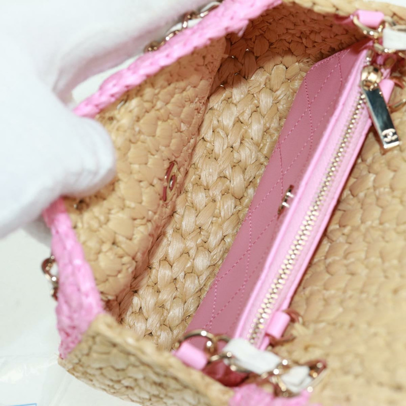 【日本直送】香奈兒 (CHANEL) 絎縫鏈條肩背包,皮革拉菲草粉色銀色雙C標誌,正品編號 159915SAM-9