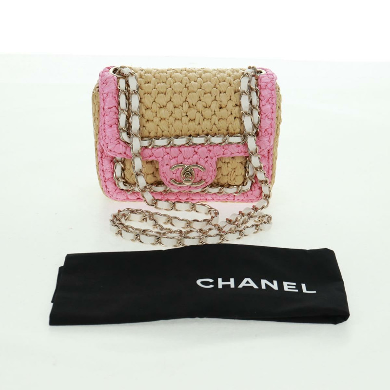 【日本直送】香奈兒 (CHANEL) 絎縫鏈條肩背包,皮革拉菲草粉色銀色雙C標誌,正品編號 159915SAM-11