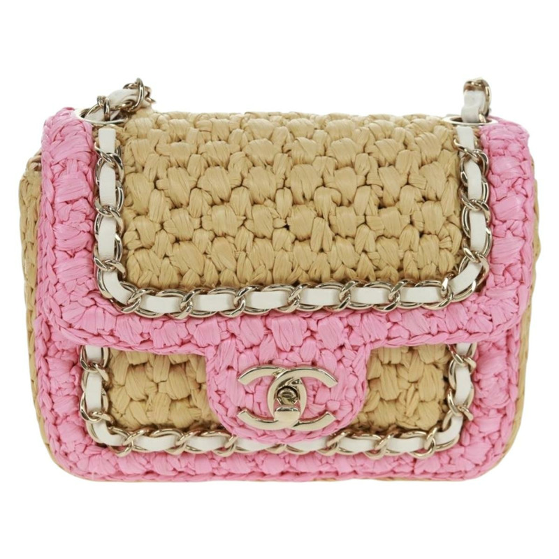 【日本直送】香奈兒 (CHANEL) 絎縫鏈條肩背包,皮革拉菲草粉色銀色雙C標誌,正品編號 159915SAM-12