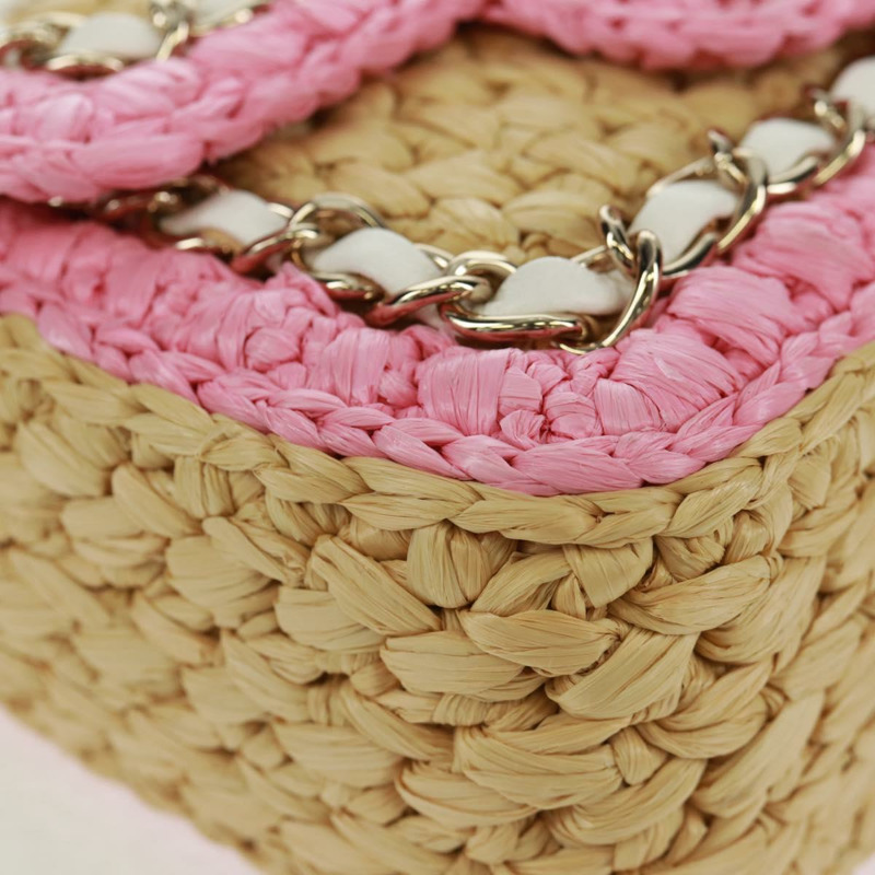 【日本直送】香奈兒 (CHANEL) 絎縫鏈條肩背包,皮革拉菲草粉色銀色雙C標誌,正品編號 159915SAM-14